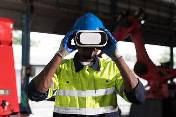 Male factory using virtual reality headset. Male engineer working technology virtual reality...