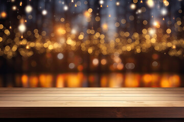 Christmas time concept. Empty wooden table with christmas theme in background