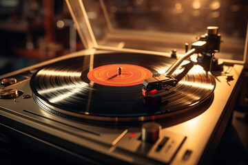 A vintage vinyl record spinning on a turntable, embodying the nostalgic beauty of analog music and...