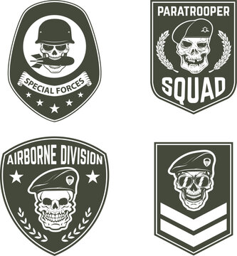 Set of military emblems templates. Skull in paratrooper beret. Skull in soldier helmet.  Design element for logo, label, emblem, sign, brand mark. Vector illustration.