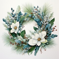 watercolor Christmas wreath on white background. ai generated