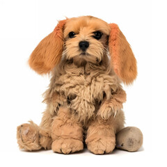 Rabbit made of fur, mad crazy single crooked hideous waste ugly defective, raw, ragged, isolated on white