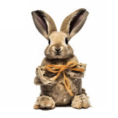 Fototapeta premium Rabbit made of fur, mad crazy single crooked hideous waste ugly defective, raw, ragged, isolated on white