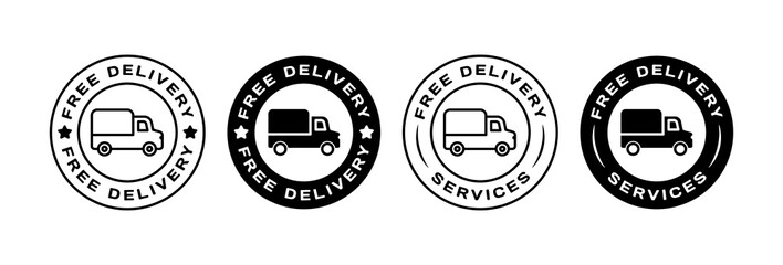 Free delivery stamps. Silhouette, truck icon, free delivery stamps, free delivery stickers. Vector icons