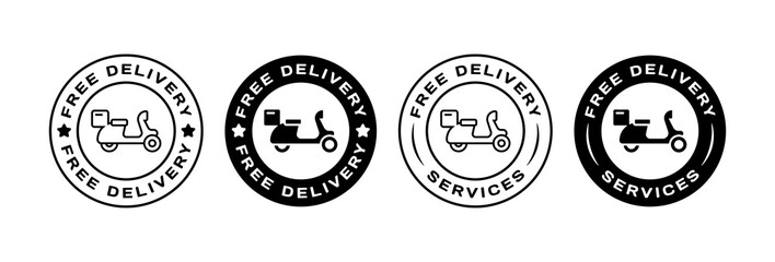 Free delivery stamps. Silhouette, delivery scooter icon, free delivery stamps, discount stickers. Vector icons