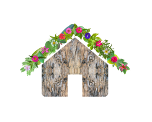 green house icon made from wood, leaves and flowers isolated on transparent background, go green concept, PNG	