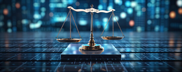 Lawyers and judges future modren design. scales of justice on futurisctic background.