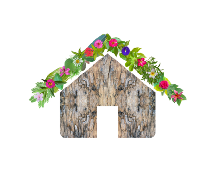 green house icon made from wood, leaves and flowers isolated on transparent background, go green concept, PNG	