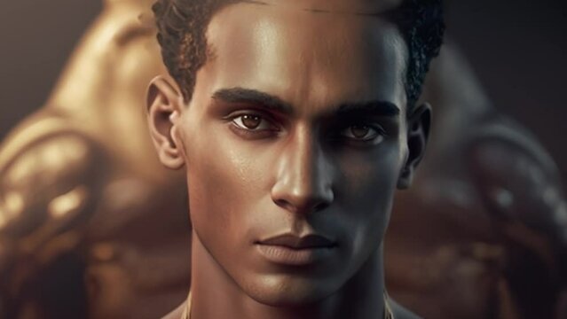 Egyptian pharaoh, a dark-skinned man with a piercing gaze. History of Ancient Egypt. 