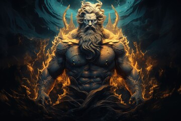 muscular bearded Poseidon in golden crown standing among stormy splashing seawater and holding trident in darkness.by Generative AI. - obrazy, fototapety, plakaty