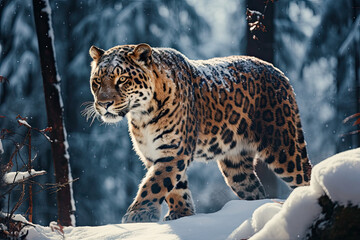 a leopard walking through the snow forest