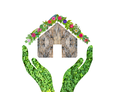 green house icon made from green grass, wood, leaves and flowers isolated on transparent background, go green concept, PNG