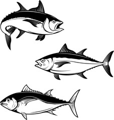 Set of tuna fish icons isolated on white background. Design elements for logo, label, emblem, sign, badge. Vector illustration.