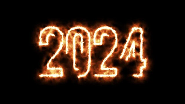 happy new year  2024 animated footage with fire effect on black screen , suitable for year-end holidays, new year content	