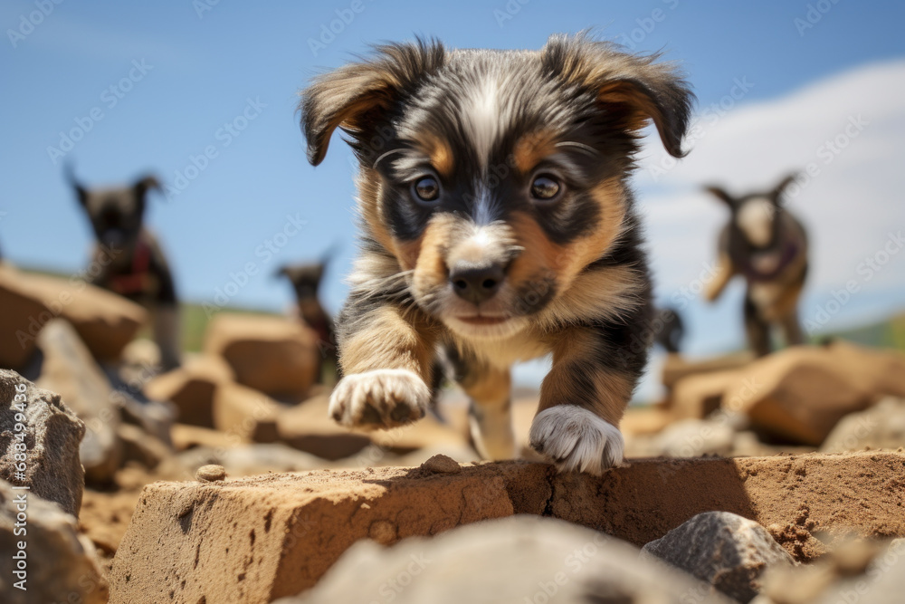 Poster a determined puppy completing an obstacle course with unwavering focus. concept of training achievem