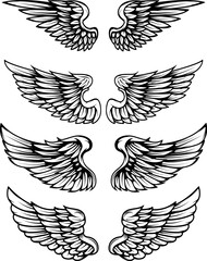 Set of vintage vector wings isolated on white background. Design elements for logo, label, emblem, sign, brand mark. Vector illustration.