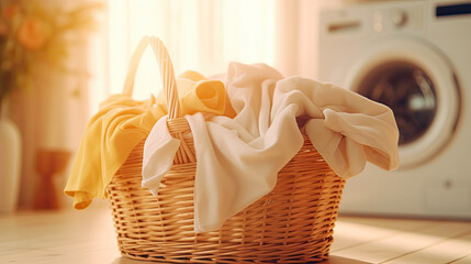 basket of laundry cloth on wooden floor in front of washing machine - obrazy, fototapety, plakaty