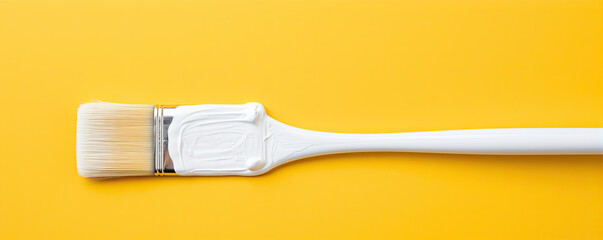 Paintbrush with white paint against yellow wall or background.