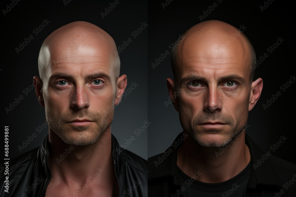 Poster a before-and-after comparison of a hair transplant procedure, emphasizing the concept of transformat