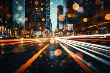 An unfocused image of an urban road at nighttime, filled with moving cars and a clock-bearing structure on the intersection.by Generative AI. - obrazy, fototapety, plakaty