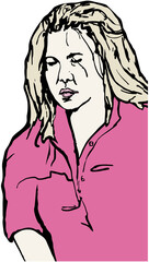 Long-haired young blonde girl in a pink tracksuit. Handmade colored illustration