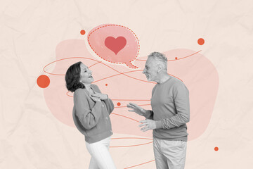 Horizontal photo collage of two aged couple black white effect people talk laugh dialogue heart...