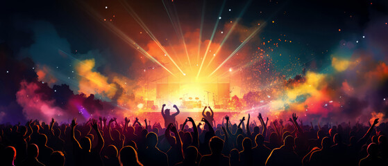 Big concert stage illustration. live music, instrumental, rock n roll session. Cheering crowd with raised hands  with rays, searchlight Silhouette of people. festival background. Generative ai. - obrazy, fototapety, plakaty