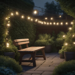 Fototapeta na wymiar Bench in a garden with fairy lights in the evening. Romantic dreamy evening scene