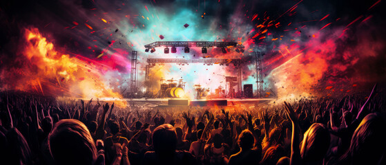Big concert stage illustration. live music, instrumental, rock n roll session. Cheering crowd with raised hands  with rays, searchlight Silhouette of people. festival background. Generative ai. - obrazy, fototapety, plakaty