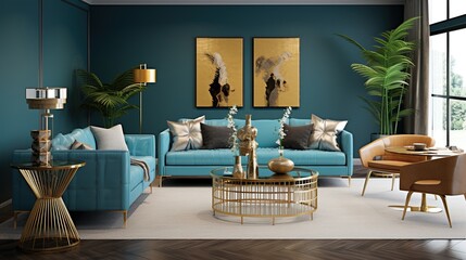Classy living room with blue walls, poster, sofa, chairs and plants. Created with Ai 