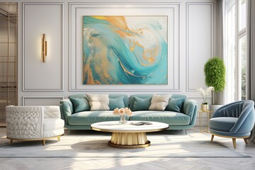 Modern living room with white walls, painting, blue sofa, chair and table. Created with Ai