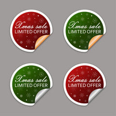 Set of round Christmas sale stickers in red and green colors. With a gradient, white frame, gold and silver curled corners and snowflakes
