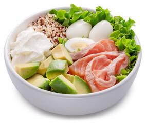 Salmon quinoa bowl with greens and vegetable. Balance in bowl. File contains clipping path.