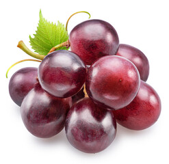 Bunch of red table grape with green leaf on white background. File contains clipping path.