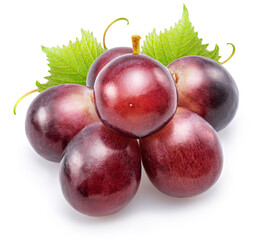 Cluster of red table grape with grape leaves isolated on white background.