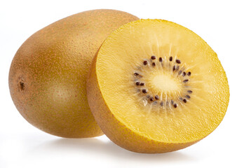 Golden kiwi fruit and cross cut of kiwi isolated on white background.