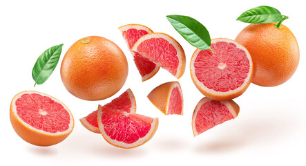 Red grapefruit, grapefruit slices and leaves levitating in air on white background. File contains clipping paths.
