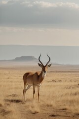 Naklejka premium A beautiful gazelle looks at the camera against the background of the plains of Africa.