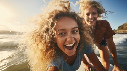 happy curly teenage girl with modern surfer mother on the waves together, taking a selfie against...