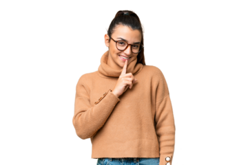 Young beauty woman over isolated chroma key background showing a sign of silence gesture putting finger in mouth
