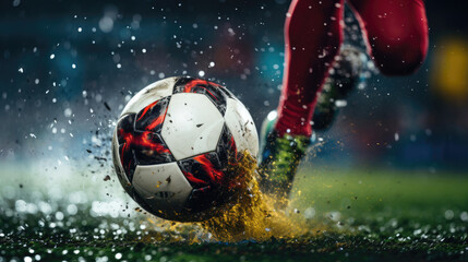 Macro shot of football being kicked with power