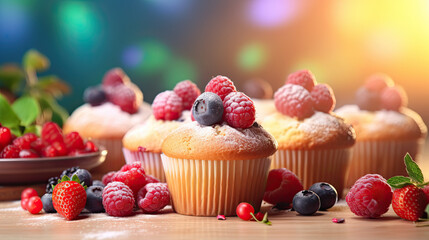 muffins on wooden table with colorful berries