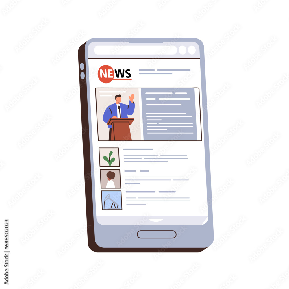 Poster online news on mobile phone screen. digital mass media, electronic newspaper on smartphone display. 