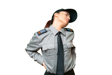 Young safeguard woman over isolated chroma key background suffering from backache for having made...