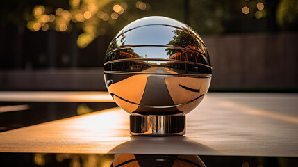 Basketball perched on metallic surface with reflections