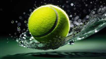 Macro shot of tennis ball deformation on glossy court