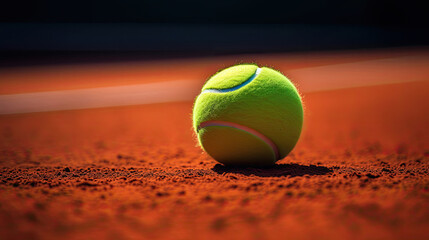 Neon green tennis ball on clay court with defined texture