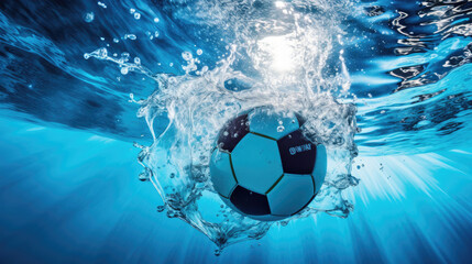 Water polo ball mid-air splashes of blue vivid texture