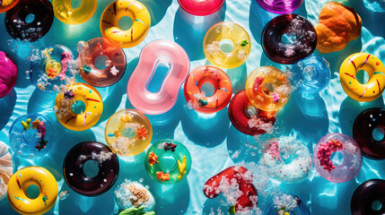 Bright inflatable pool toys floating on water