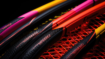 Vibrant badminton rackets with colorful grip tape sharp texture details - obrazy, fototapety, plakaty